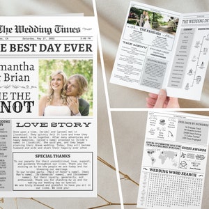 Könnte beinhalten: Eine Hochzeitsanzeige im Stil einer Zeitung. Die Schlagzeile lautet "The Best Day Ever" mit den Namen des Paares, Samantha & Brian, und den Worten "Tie the Knot". Ein Foto des Paares ist abgebildet, zusammen mit einer Hochzeitsgäste-Liste und einer Liebesgeschichte.