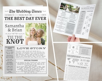 Folded Newspaper Wedding Program, Canva Template, Printable Wedding Programs, Timeline Template, Fun Wedding Program, Fun Editable Newspaper