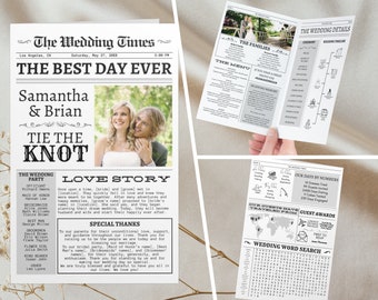 May include: A wedding announcement in the style of a newspaper. The headline reads "The Best Day Ever" with the couple's names, Samantha & Brian, and the words "Tie the Knot". A photo of the couple is featured, along with a wedding party list and a love story.