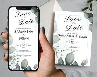 Save The Date Template Eucalyptus Digital Save the Date Digital Download Smartphone Greenery Template Editable Text Evite