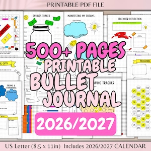 2026 Bullet Journal Afdrukbare Bujo Journal-pagina's Dagelijkse Week Maandplanner Doeltracker Financieel budget Sjablonen Zelfzorg onkostentrackers