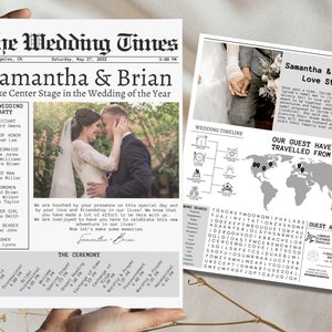 May include: A wedding announcement newspaper template with a photo of the bride and groom, a wedding timeline, a world map showing where guests have traveled from, and a word search puzzle. The headline reads "Samantha & Brian Take Center Stage in the Wedding of the Year".