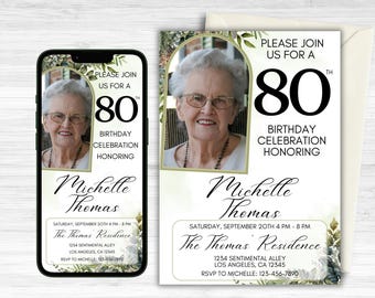 80th Birthday Invitation, Birthday Invitation, 80th Birthday, Digital Invitation, 80th Birthday Invitation For Her, Editable Template, Canva
