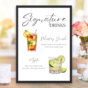 Szablon menu baru Signature Drink Sign Minimalistyczny koktajl do wydrukowania Menu baru Nowoczesny edytowalny szablon menu drinków z napojami i dodatkami
