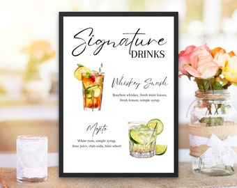 Signature Drink Sign Bar Menu Template Minimalist Cocktail Printable Bar Menu Modern Editable Drink Menu Template with Drinks and Garnishes