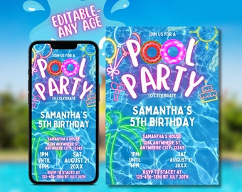 Invitación editable a la fiesta en la piscina, fiesta de cumpleaños de verano Evite, invitación de texto, invitación a la fiesta en la piscina, invitación electrónica, invitación digital