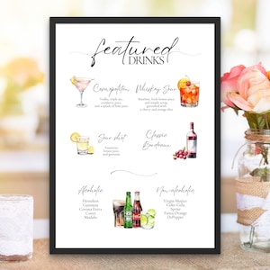 Featured Signature Drink Sign Bar Menu Template Minimalist Printable Bar Menu Modern Editable Drink Menu Template with Drinks and Garnishes