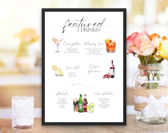 Featured Signature Drink Sign Bar Menu Template Minimalist Printable Bar Menu Modern Editable Drink Menu Template with Drinks and Garnishes