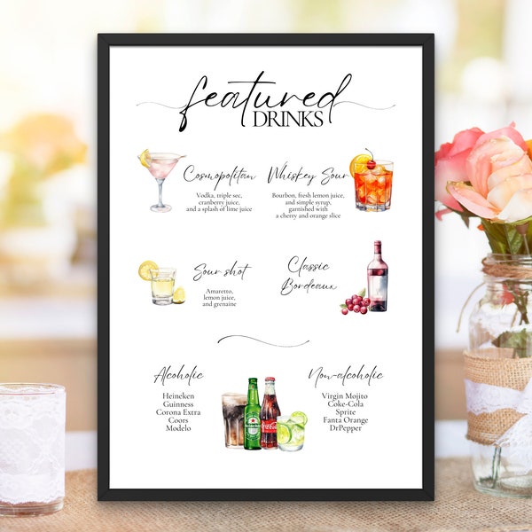 Featured Signature Drink Sign Bar Menü Vorlage Minimalistische druckbare Barkarte Moderne bearbeitbare Getränkemenü Vorlage mit Getränken und Beilagen