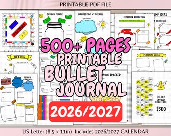 2026 Bullet Journal Printable 500 Plus Planner Pages PDF Daily Weekly Monthly Habit Budget Tracker Templates Dot Grid and Plain Journal