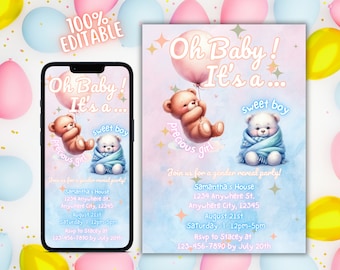 Gender Reveal Editable Invitation, Teddy Bear Gender Reveal Invite, Electronic Gender Reveal Evite, Printable Invitation, Baby Gender Reveal