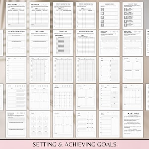 May include: A printable goal setting and achieving workbook with pages for weekly check-ins, daily check-ins, steps to achieve the goal, progress grid, adjustments after review, and SMART goals.