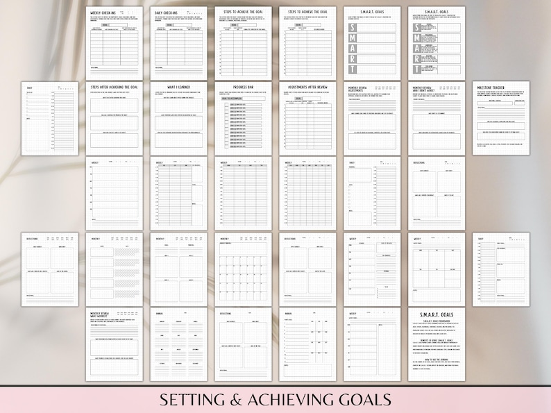 May include: A printable goal setting and achieving workbook with pages for weekly check-ins, daily check-ins, steps to achieve the goal, progress grid, adjustments after review, and SMART goals.