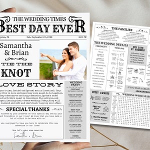 May include: A newspaper-style wedding announcement with the headline "Best Day Ever." The announcement features the names "Samantha & Brian" and details about the wedding ceremony, including a timeline and guest awards. The couple is pictured.