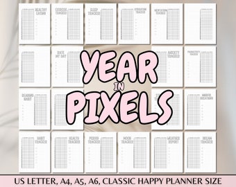 May include: A printable set of 16 black and white habit trackers with a pink "Year in Pixels" title. Each tracker has a grid with 31 columns and 12 rows. The trackers include: Healthy Eating, Exercise, Sleep, Hydration, Motivation, Rate My Day, Reading Habit, Anxiety, Productivity, Mindful Breathing, Habit, Health, Period, Mood, Weather Report, and Drink Tracker.