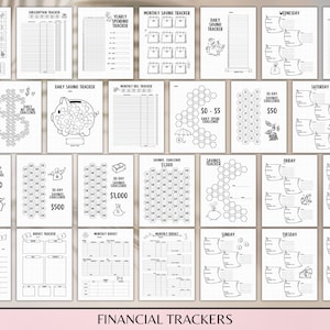 May include: A set of printable financial trackers in black and white. The trackers include a variety of designs, such as piggy banks, honeycombs, and jars. The trackers are designed to help people track their spending, savings, and budget.