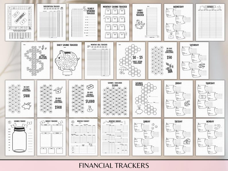 May include: A set of printable financial trackers in black and white. The trackers include a variety of designs, such as piggy banks, honeycombs, and jars. The trackers are designed to help people track their spending, savings, and budget.