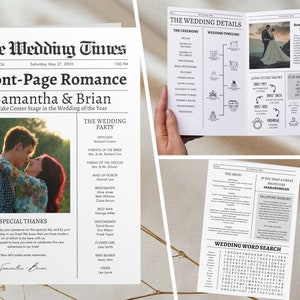 May include: A wedding announcement in the style of a newspaper, featuring a photo of the couple and details about the wedding party, ceremony, and reception. The headline reads "Front-Page Romance" with the couple's names, Samantha & Brian, and the text "Take Center Stage in the Wedding of the Year".