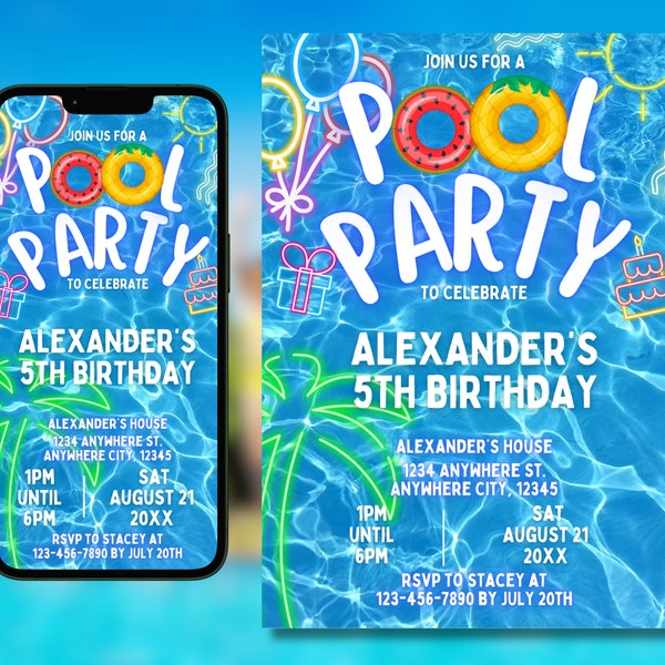 Pool Party Editable Invitation, Summer Birthday Party Evite, Text Invitation, Pool Party Invitation, Electronic Invite, Digital Invitation