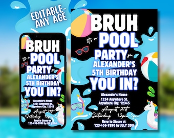 Bruh Birthday Invitation, Pool Party Editable Invite, Summer Birthday Party, Text Message Evite, Printable Invite, Digital Invitation, Canva