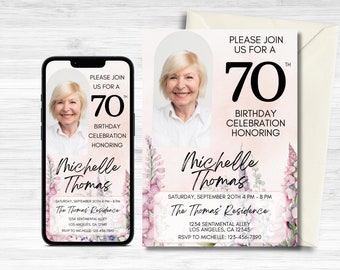 70th Birthday Invitation, Birthday Invitation,70th Birthday, Digital Invitation, 70th Birthday Invitation For Her, Editable Template, Canva