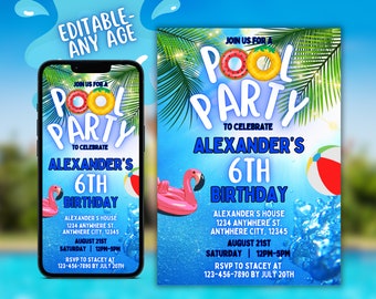 Pool Party Editable Invitation, Summer Birthday Party Evite, Text Invitation, Pool Party Invitation, Electronic Invite, Digital Invitation