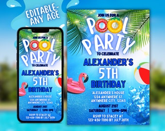 Pool Party Editable Invitation, Summer Birthday Party Evite, Text Invitation, Pool Party Invitation, Electronic Invite, Digital Invitation