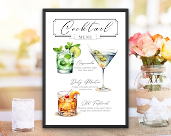 Plantilla de menú de barra de cócteles de bebidas exclusivas Signo de menú de barra imprimible minimalista Plantilla de menú de bebidas editable moderna con bebidas y guarniciones