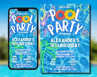 Pool Party Invitation, Summer Birthday Party Evite, Text Invitation, Editable Invitation, Kid Digital Invitation, 16th Birthday Party Invite