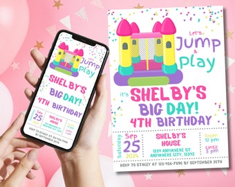 Bouncy House Birthday Invitation Editable Girl 4th Birthday Evite Invitation Lets Jump Girl Birthday Party Printable Invites Canva Template