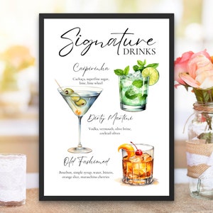 Featured Signature Drink Sign Bar Menü Vorlage Minimalistische druckbare Barkarte Moderne bearbeitbare Getränkemenü Vorlage mit Getränken und Beilagen