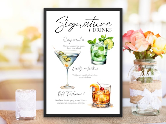 Featured Signature Drink Sign Bar Menu Template Minimalist Printable Bar Menu Modern Editable Drink Menu Template with Drinks and Garnishes