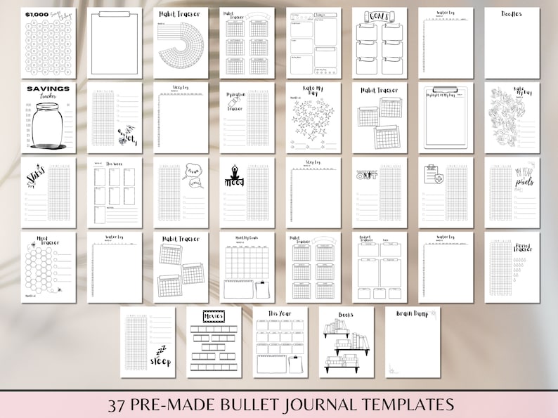 K&ouml;nnte beinhalten: Ein Satz von 37 schwarzen und wei&szlig;en druckbaren Bullet-Journal-Vorlagen. Die Vorlagen umfassen Gewohnheitstracker, Monatslogs, Spar-Tracker und mehr.