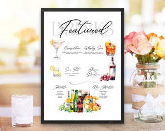 Featured Signature Drink Sign Bar Menu Template Minimalist Printable Bar Menu Modern Editable Drink Menu Template with Drinks and Garnishes