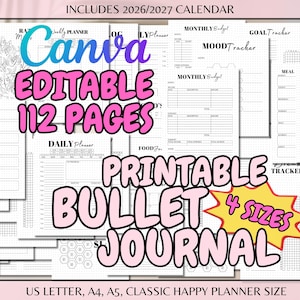 Editable Yearly Bullet Journal Templates Bujo US Letter A4 A5 Classic Planner Size Printable Daily Monthly Habit Mood Tracker Template Canva