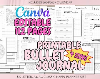 Editable Yearly Bullet Journal Templates Bujo US Letter A4 A5 Classic Planner Size Printable Daily Monthly Habit Mood Tracker Template Canva