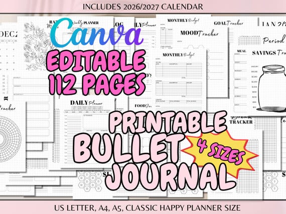 Editable Yearly Bullet Journal Templates Bujo US Letter A4 A5 Classic Planner Size Printable Daily Monthly Habit Mood Tracker Template Canva
