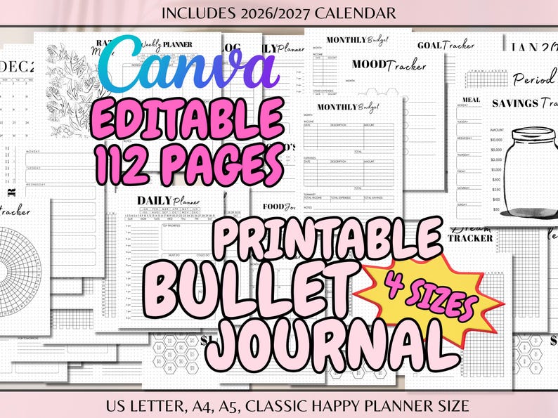 Editable Yearly Bullet Journal Templates Bujo US Letter A4 A5 Classic Planner Size Printable Daily Monthly Habit Mood Tracker Template Canva image 1