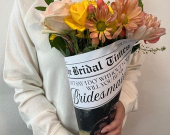 Bridesmaid Flower Bouquet Wrap Newspaper, Editable Bridesmaid Proposal Newspaper, Printable Canva Template, Proposal Card Template, Bridal
