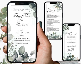 Digital Wedding Invitation Online Invitation Template Eco-Friendly E-Invite Electronic Wedding Invitation Eucalyptus Digital Wedding Invite