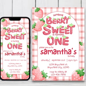 First Birthday Editable Invitation Berry First Birthday Digital Birthday Invitation Strawberry Birthday Invites 1st Birthday Invite Template