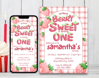 First Birthday Editable Invitation Berry First Birthday Digital Birthday Invitation Strawberry Birthday Invites 1st Birthday Invite Template