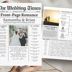 May include: A wedding newspaper-style announcement with the headline "The Wedding Times" and the names "Samantha & Brian." Includes wedding party details, ceremony schedule, and a word search.