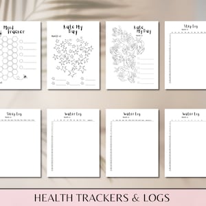 K&ouml;nnte beinhalten: Druckbare schwarz-wei&szlig;e Gesundheits-Tracker und -Logs. Die Tracker umfassen einen Stimmungs-Tracker mit einem Wabenmuster, einen Bewerte-meinen-Tag-Tracker mit Sternen, einen Bewerte-meinen-Tag-Tracker mit Blumenmustern, ein Schritt-Log, ein Schlaf-Log und drei Wasser-Logs.