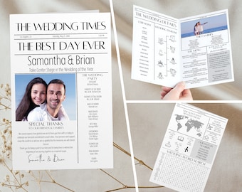 May include: A wedding announcement in the style of a newspaper. The headline reads "The Best Day Ever" with the couple's names, Samantha and Brian, below. A photo of the couple is featured in the top left corner. The announcement includes details about the wedding party, special thanks to friends and family, and a wedding word search.