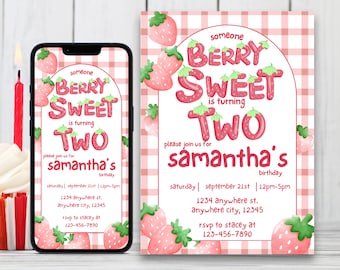 Girl Birthday Editable Invitation Berry Sweet 2nd Birthday Digital & Printable Birthday Invite Cute Strawberry Girl Second Birthday Template
