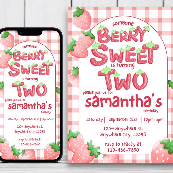 Girl Birthday Editable Invitation Berry Sweet 2nd Birthday Digital & Printable Birthday Invite Cute Strawberry Girl Second Birthday Template