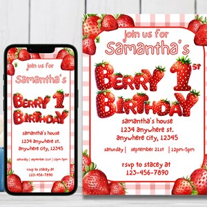 Editable First Birthday Invitation Berry First Birthday Digital Birthday Invitation Strawberry Birthday Invites 1st Birthday Invite Template