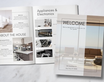 Op de afbeelding: Een welkomstbrochure voor een vakantiewoning. De brochure bevat foto's van de keuken, de woonkamer en de slaapkamers. De tekst op de brochure luidt "Welkom, we zijn verheugd u als gast te mogen verwelkomen." en "Over het huis". Het adres is 125 Anywhere St., Any City, ST 12345.