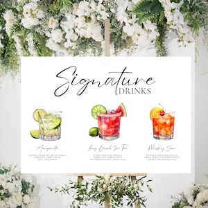 Featured Signature Drink Sign Bar Menü Vorlage Minimalistische druckbare Barkarte Moderne bearbeitbare Getränkemenü Vorlage mit Getränken und Beilagen